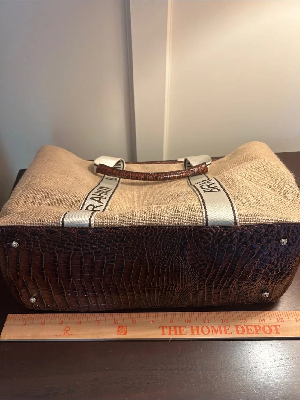 Brahmin Natural Jute Tote with Brown Trim and White Branded Webbing